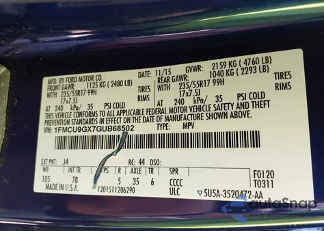 2016 Ford Escape Se из США, поврежденный, VIN 1FMCU9GX7GUB68502